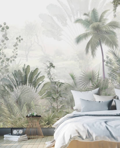 Muted green jungle landscape wallpaper with tall plam trees and a hazy background