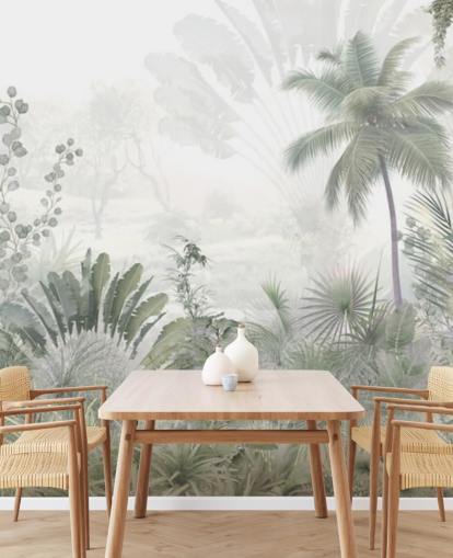 Papier peint de paysage de jungle verte et sourde avec de grands palmiers et un fond brumeux Papier peint de paysage de jungle verte et sourde avec de grands palmiers et un fond brumeux