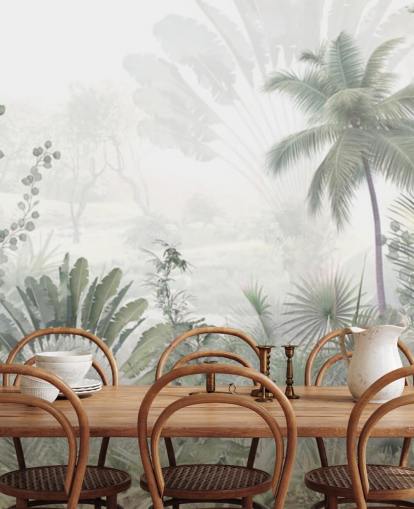 Gedempt groen junglelandschapsbehang met hoge palmbomen en een wazige achtergrond Gedempt groen junglelandschapsbehang met hoge palmbomen en een wazige achtergrond