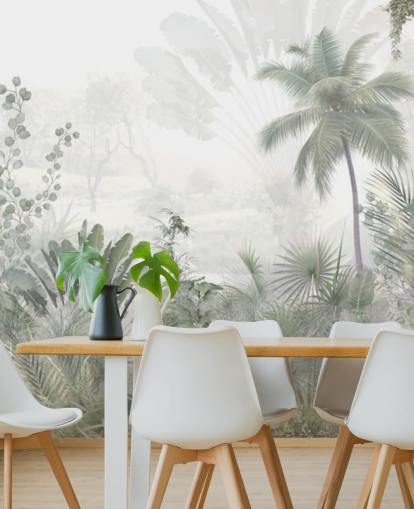 Papier peint de paysage de jungle verte et sourde avec de grands palmiers et un fond brumeux