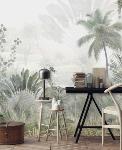 Papel pintado de paisaje selvático verde apagado con palmeras altas y un fondo brumoso Papel pintado de paisaje selvático verde apagado con palmeras altas y un fondo brumoso