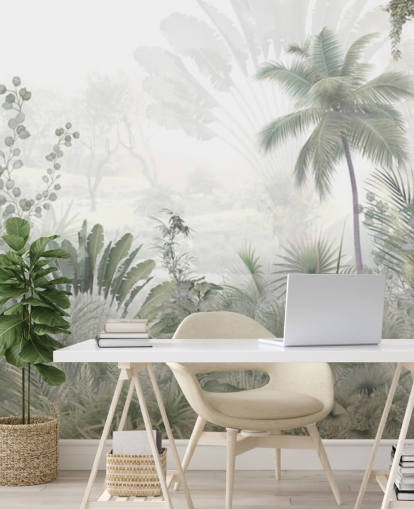 Muted green jungle landscape wallpaper with tall plam trees and a hazy background