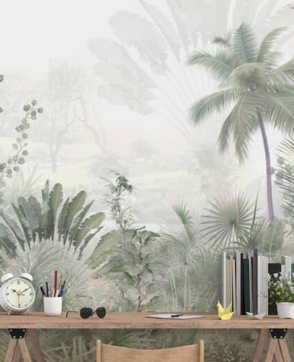 Muted green jungle landscape wallpaper with tall plam trees and a hazy background
