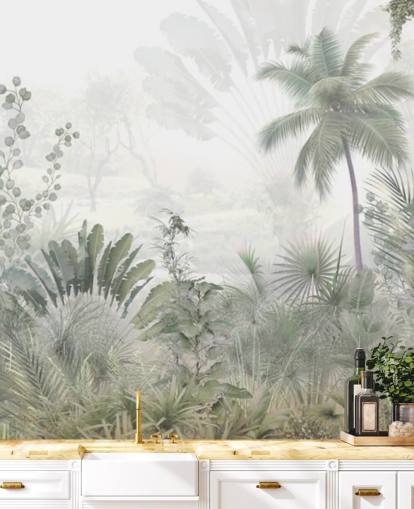 Muted green jungle landscape wallpaper with tall plam trees and a hazy background