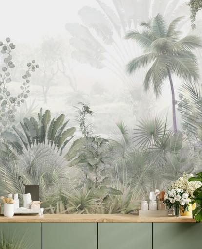 Papel pintado de paisaje selvático verde apagado con palmeras altas y un fondo brumoso Papel pintado de paisaje selvático verde apagado con palmeras altas y un fondo brumoso