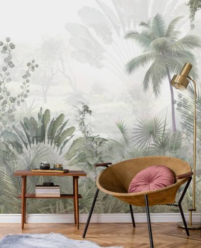 Papier peint de paysage de jungle verte et sourde avec de grands palmiers et un fond brumeux