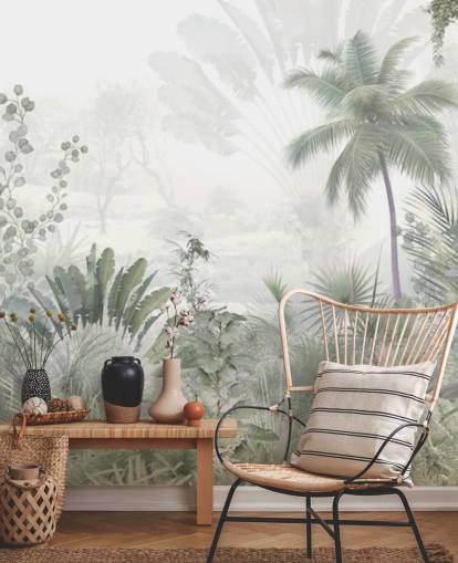 Muted green jungle landscape wallpaper with tall plam trees and a hazy background Muted green jungle landscape wallpaper with tall plam trees and a hazy background