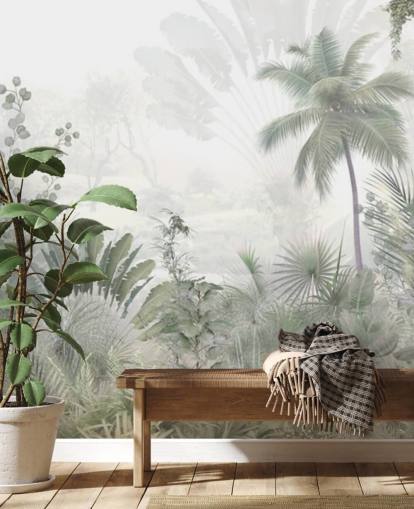 Papier peint de paysage de jungle verte et sourde avec de grands palmiers et un fond brumeux Papier peint de paysage de jungle verte et sourde avec de grands palmiers et un fond brumeux
