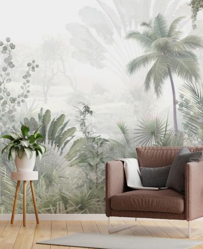 Papier peint de paysage de jungle verte et sourde avec de grands palmiers et un fond brumeux