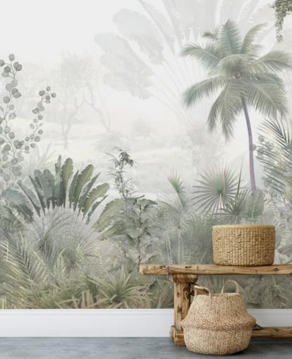 Muted green jungle landscape wallpaper with tall plam trees and a hazy background