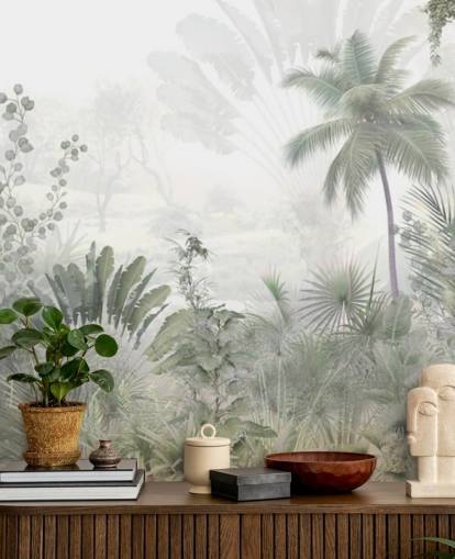 Carta da parati verde tenue con paesaggio della giungla con alte palme e uno sfondo nebbioso Carta da parati verde tenue con paesaggio della giungla con alte palme e uno sfondo nebbioso