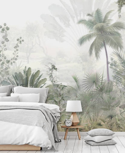 Muted green jungle landscape wallpaper with tall plam trees and a hazy background