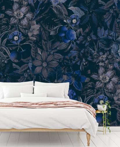 papel de parede floral azul escuro