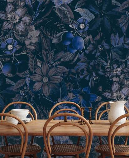 donkerblauw bloemenbehang