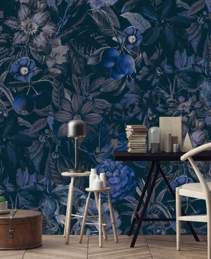 papier peint floral bleu foncé