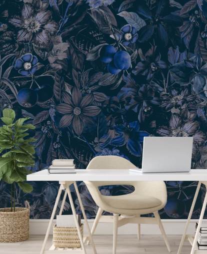 donkerblauw bloemenbehang