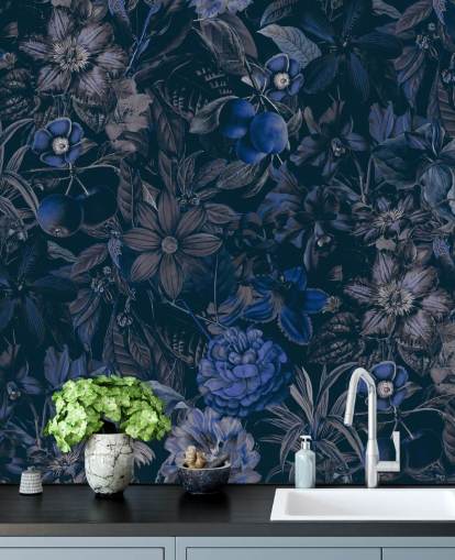 papel pintado floral azul oscuro