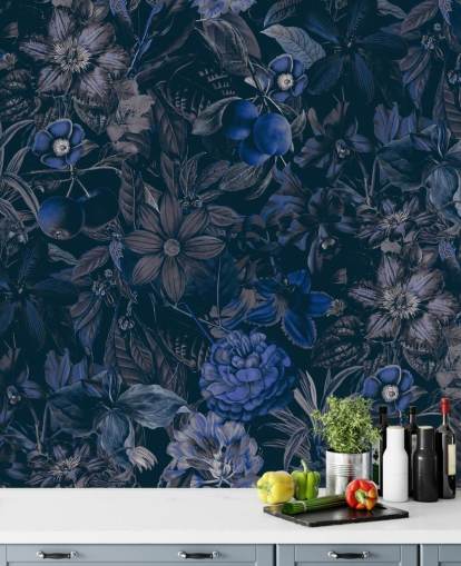 papel pintado floral azul oscuro