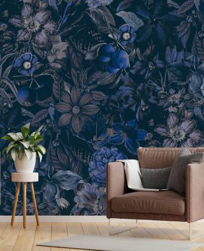 donkerblauw bloemenbehang