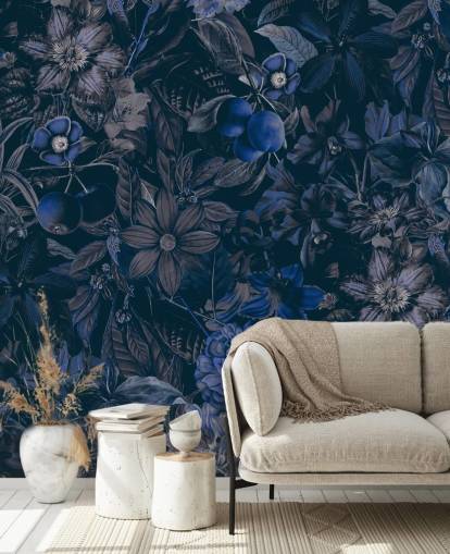 papel pintado floral azul oscuro