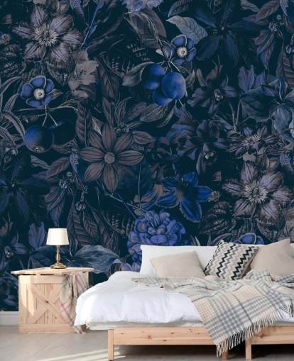 donkerblauw bloemenbehang
