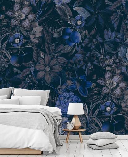 papel de parede floral azul escuro
