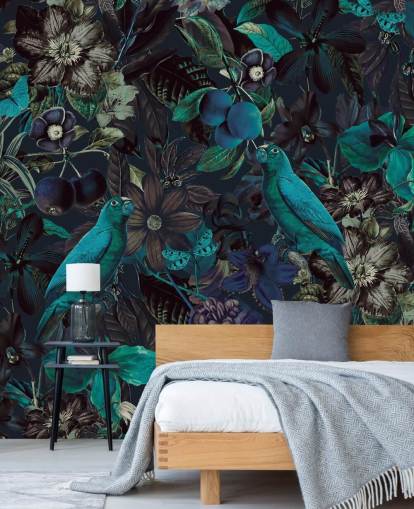 blauw getinte vogels in junglebehang