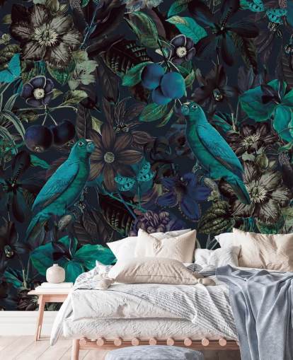 papel pintado de pájaros en la jungla en tonos azules