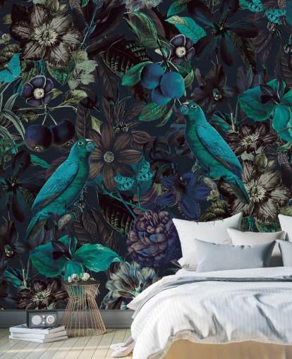 papier peint oiseaux aux tons bleus dans la jungle