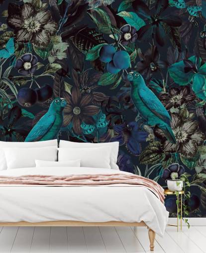 blue toned birds in jungle wallpaper