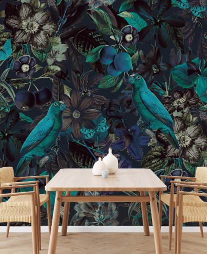 papier peint oiseaux aux tons bleus dans la jungle