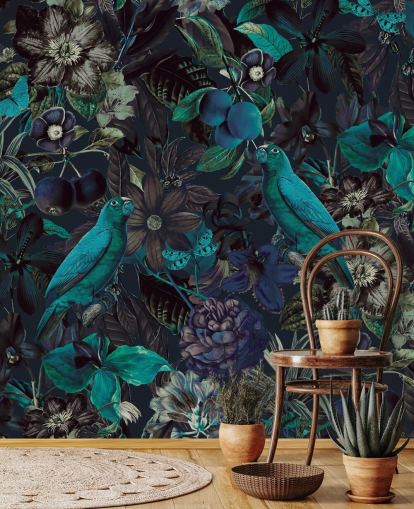 papel pintado de pájaros en la jungla en tonos azules