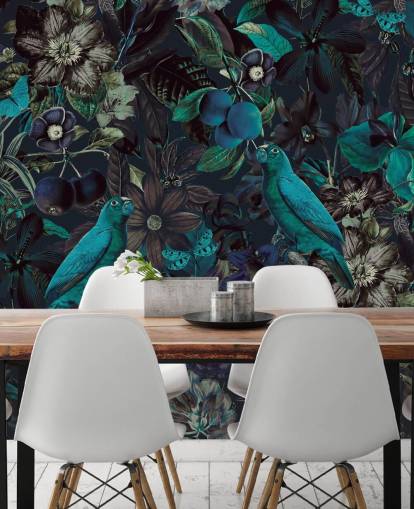 blue toned birds in jungle wallpaper