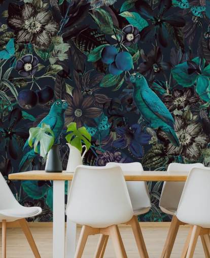 blue toned birds in jungle wallpaper