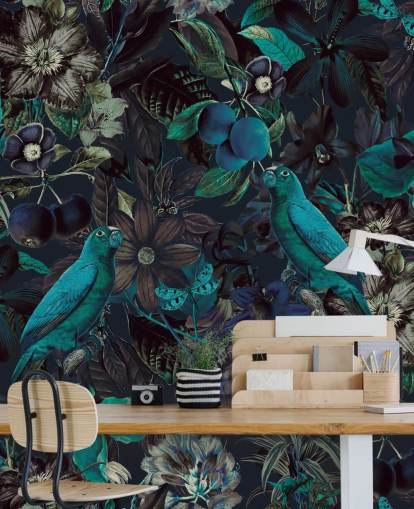 pássaros em tons de azul no papel de parede da selva