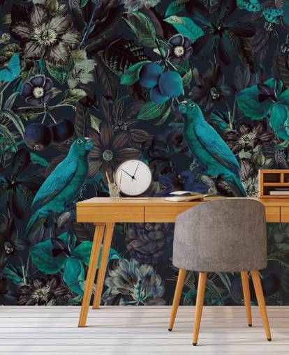 papier peint oiseaux aux tons bleus dans la jungle