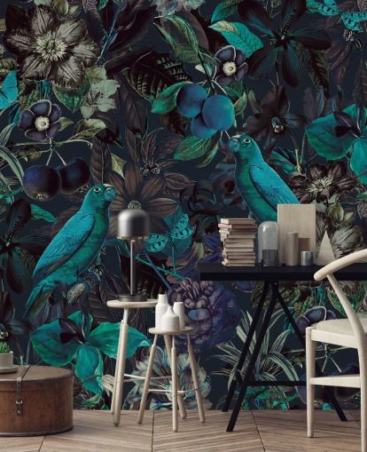 blue toned birds in jungle wallpaper