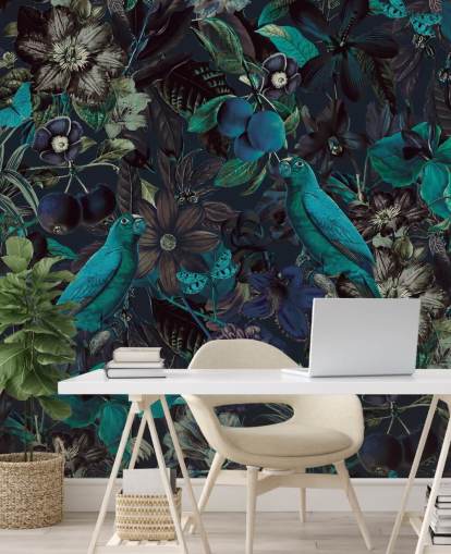 papel pintado de pájaros en la jungla en tonos azules papel pintado de pájaros en la jungla en tonos azules