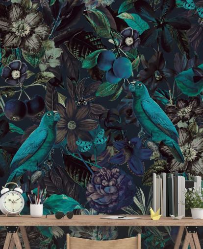 blue toned birds in jungle wallpaper