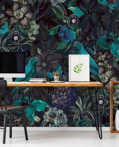 papel pintado de pájaros en la jungla en tonos azules