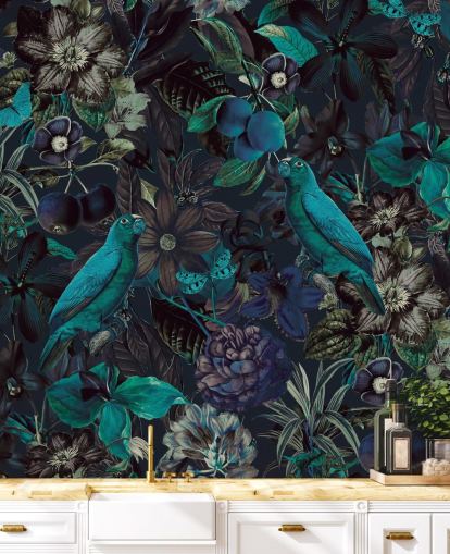 blue toned birds in jungle wallpaper