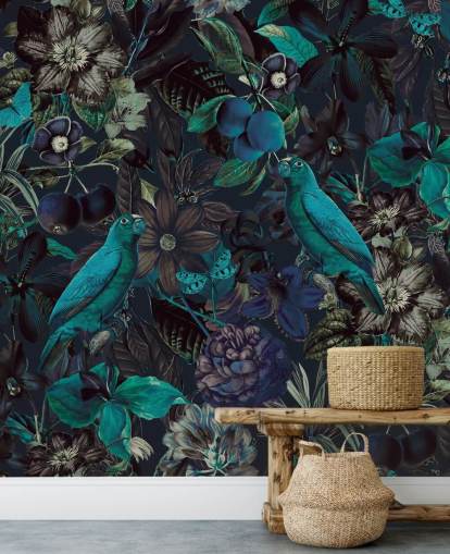 blauw getinte vogels in junglebehang