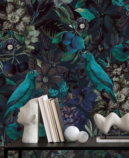 papel pintado de pájaros en la jungla en tonos azules
