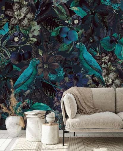 blauw getinte vogels in junglebehang