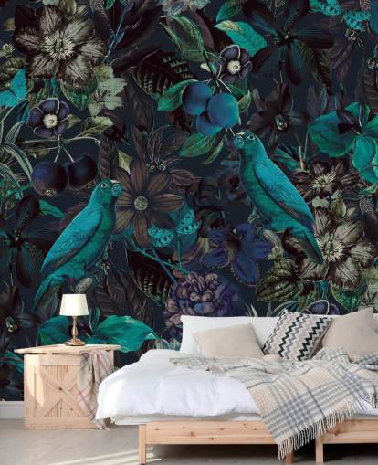 papel pintado de pájaros en la jungla en tonos azules