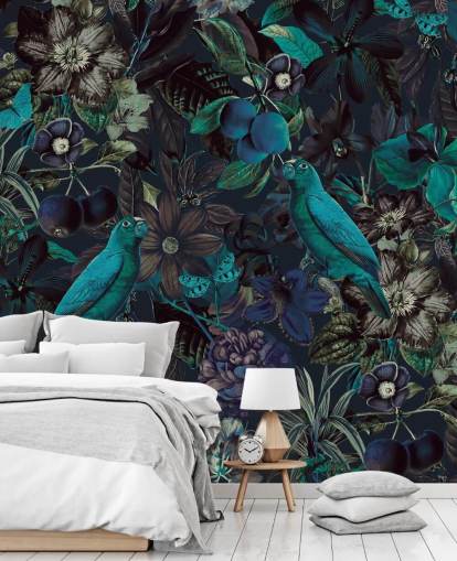 papier peint oiseaux aux tons bleus dans la jungle