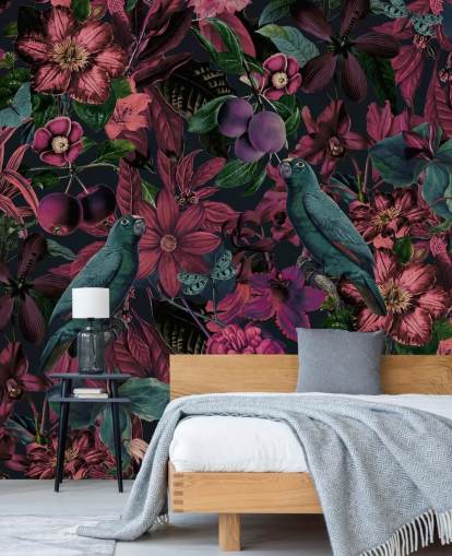 dark pink florals and green birds wallpaper