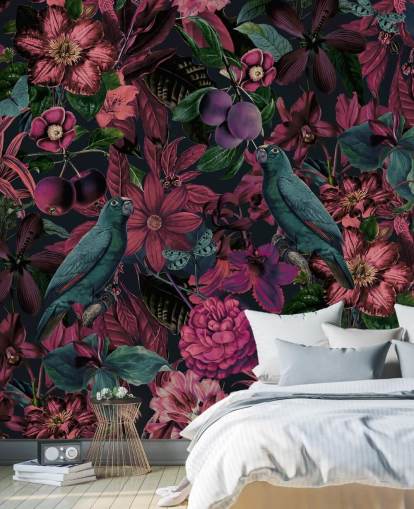 dark pink florals and green birds wallpaper