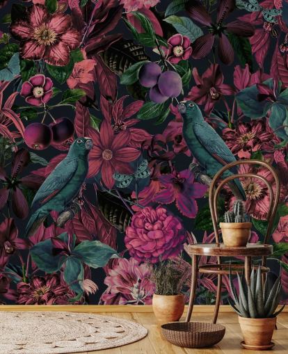 mørk rosa blomster og grønne fugler tapet mørk rosa blomster og grønne fugler tapet