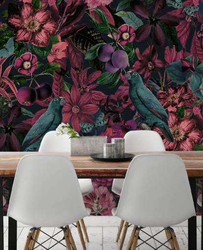 dark pink florals and green birds wallpaper